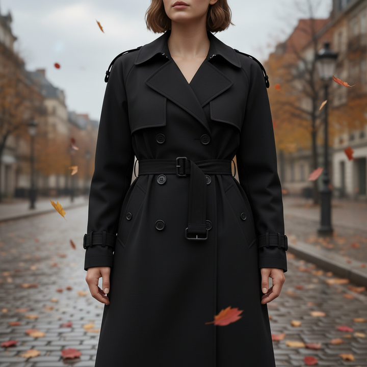 Elegant women's classic double-breasted trench coat in beige, perfect for autumn fashion outerwear