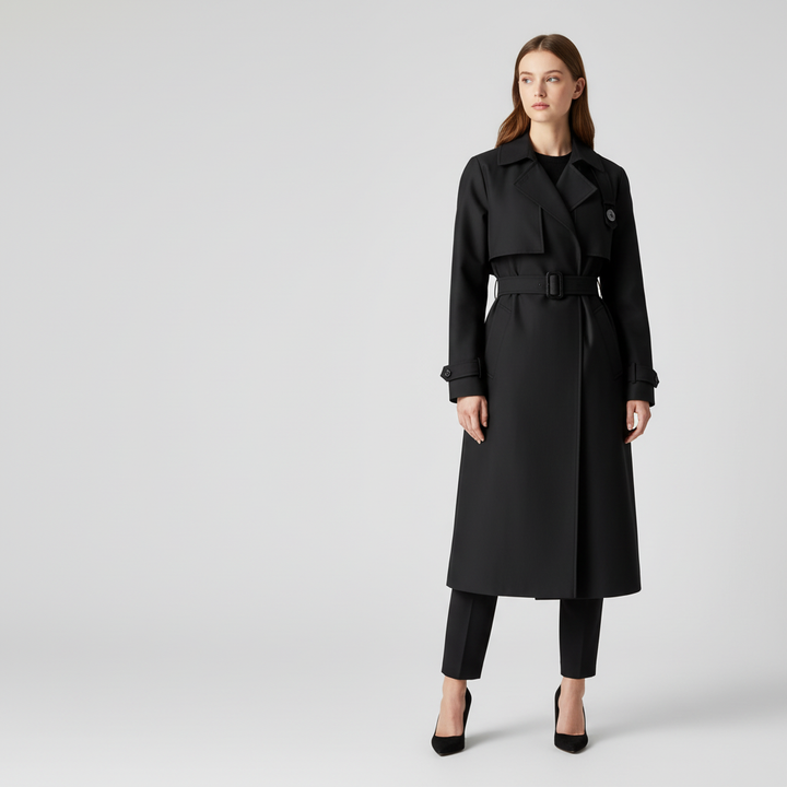 Stylish women's long trench coat with double-breasted design, a versatile classic for any season
