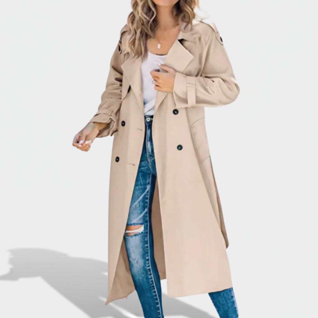 Close-up of the double-breasted detailing on a women's trench coat, suitable for winter outerwear