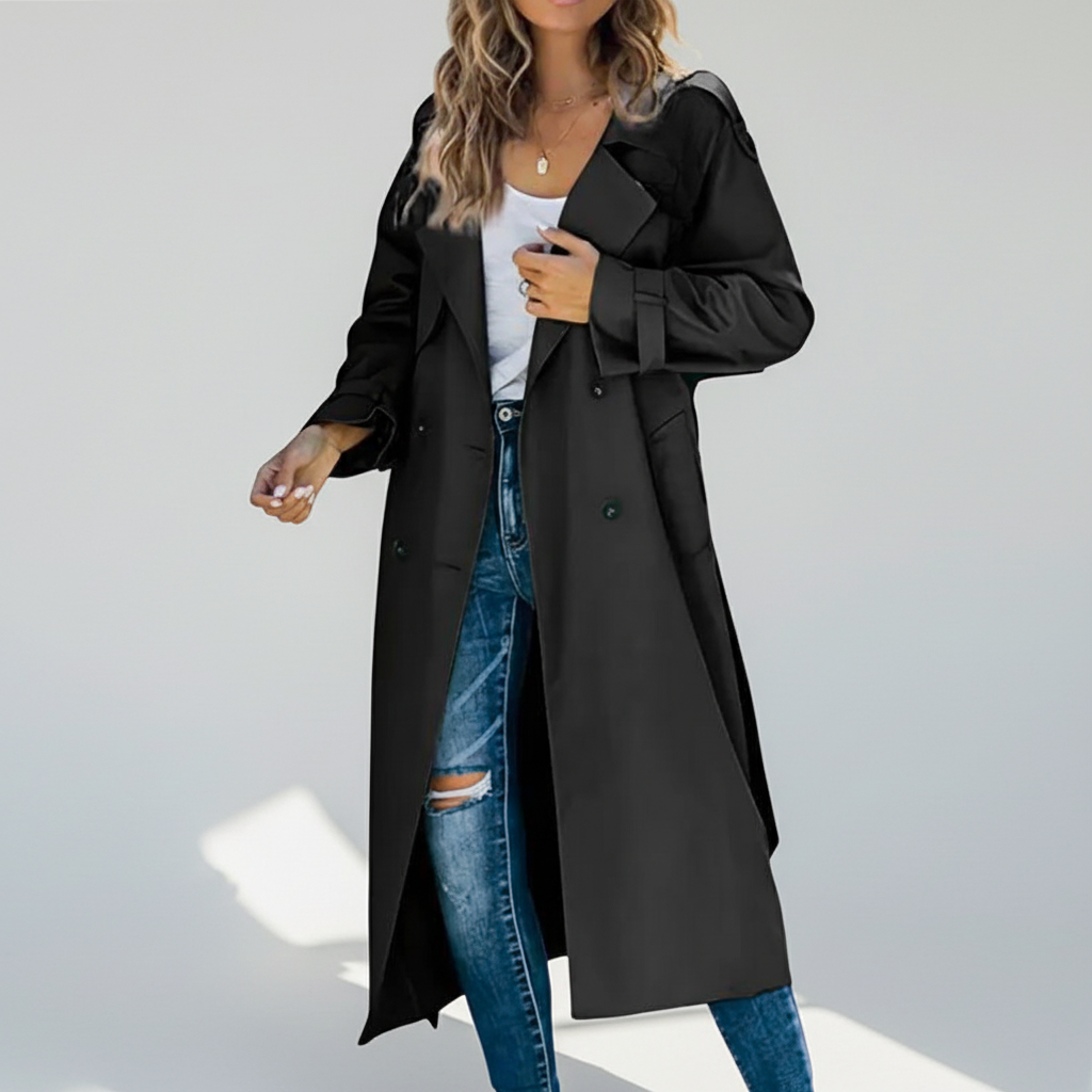 Back view of a women's long double-breasted trench coat, emphasizing its classic style outerwear