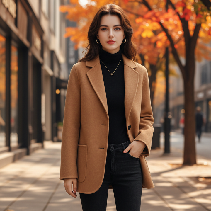 Elegant women's classic tweed wool blend winter coat, long design, side view