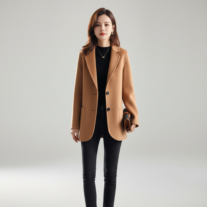 Women's sophisticated long tweed wool blend coat for autumn and winter, front view