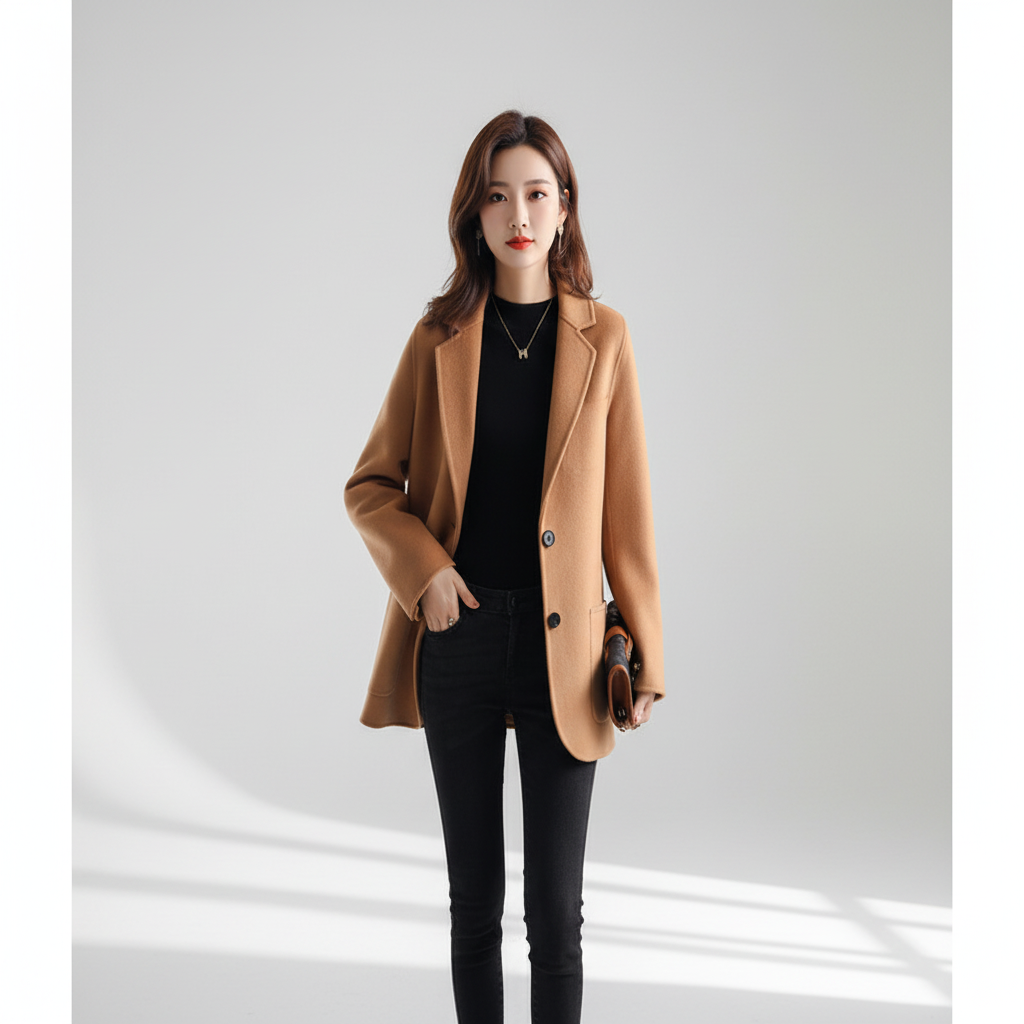 Stylish women's long tweed coat, perfect for elegant winter and autumn fashion