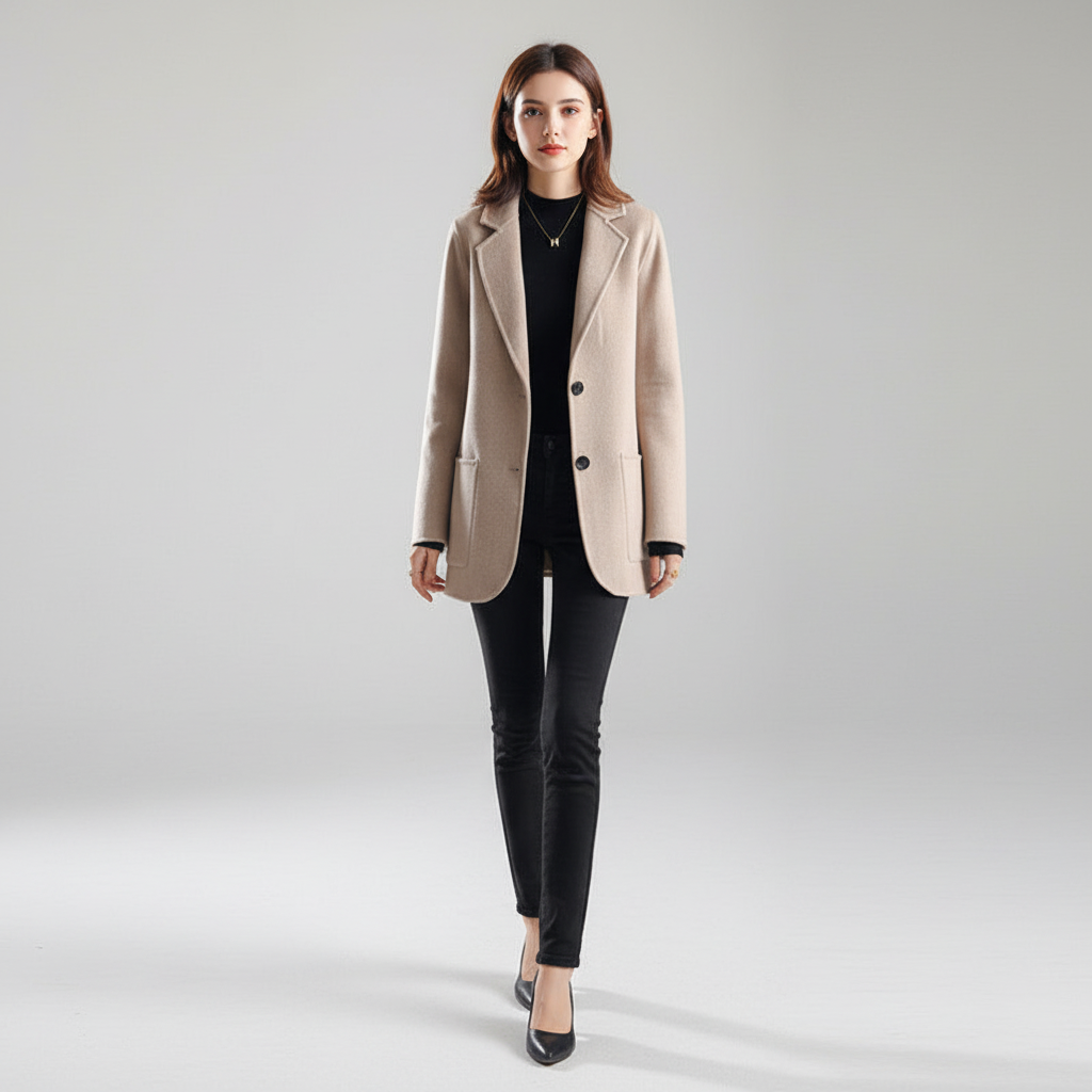 Back view of women's sophisticated long tweed wool blend elegant winter coat