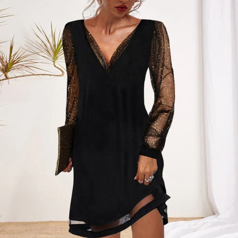 Elegant women's classic V-neck evening dress with long sleeves, perfect for formal events & special occasions.
