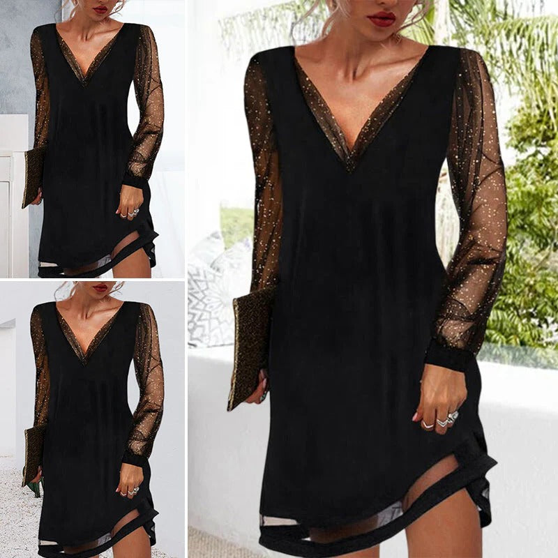 Classic women's V-neck evening dress, elegant & versatile for formal events, parties, or special occasions.