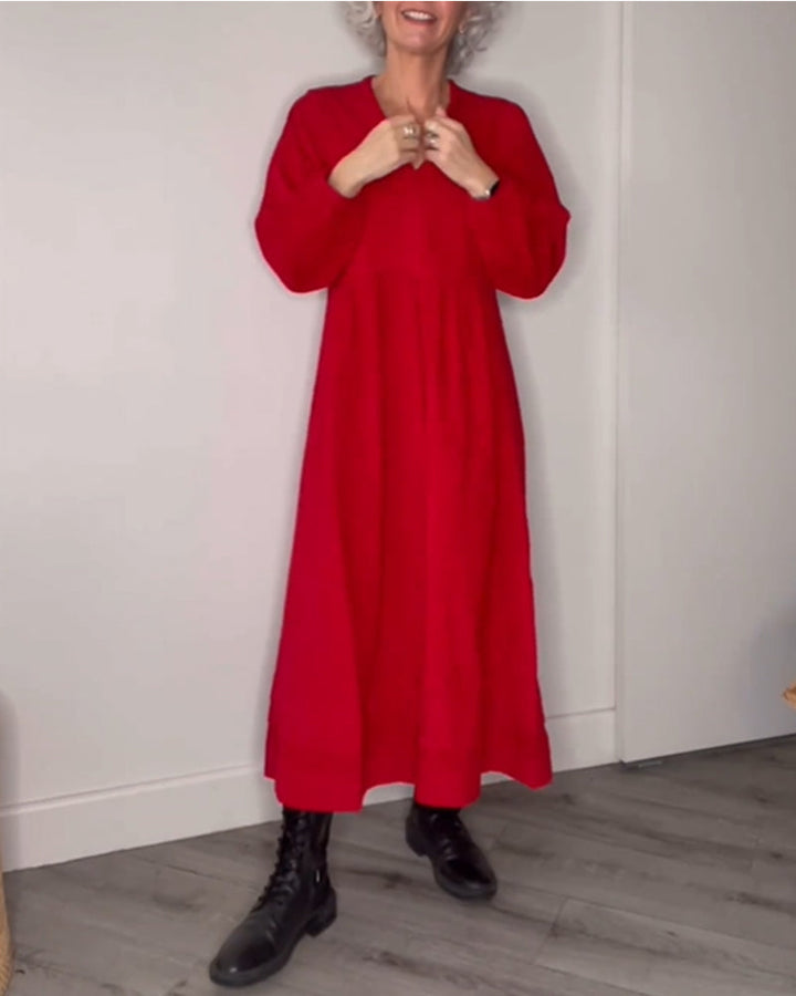Elegant women's classic V-neck midi dress with long sleeves, perfect for versatile autumn & winter fashion.