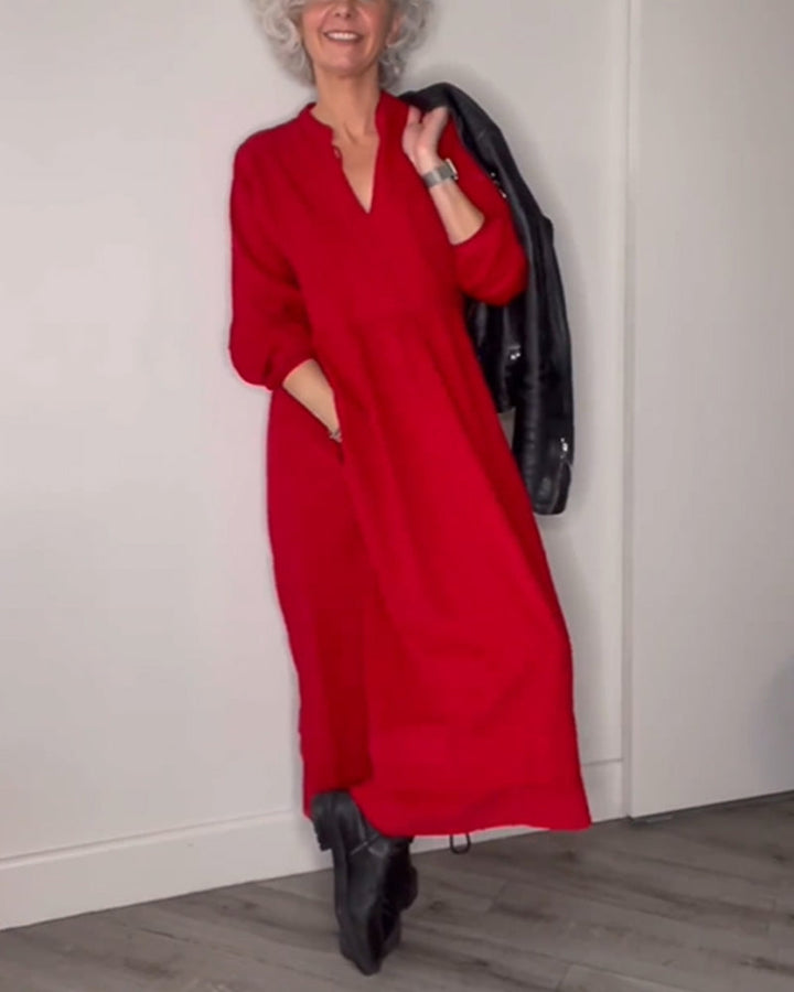 Modest & elegant women's V-neck midi dress for everyday wear, featuring a comfortable classic style.