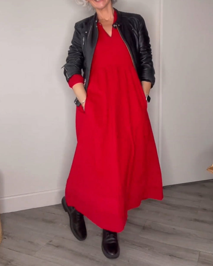 Classic V-neck long sleeve midi dress for women, an elegant and versatile choice for spring, autumn, and winter.