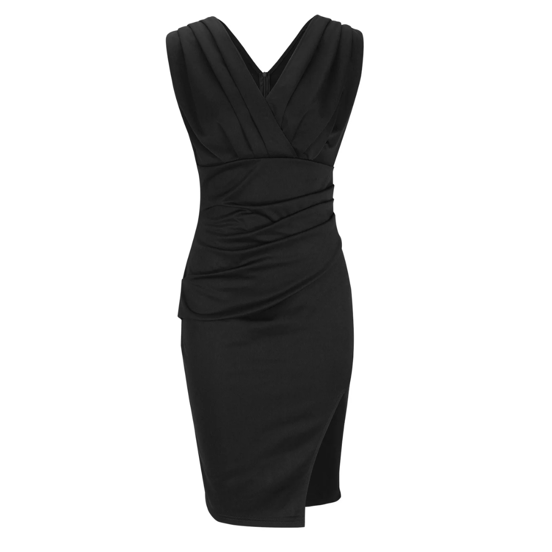 Chic black cocktail dress, perfect for a wedding guest or formal party.