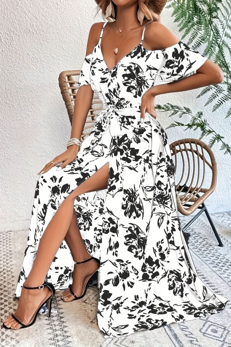 Beautiful cold shoulder maxi dress for women. Perfect party dress with a flowing skirt & chic, elegant design.