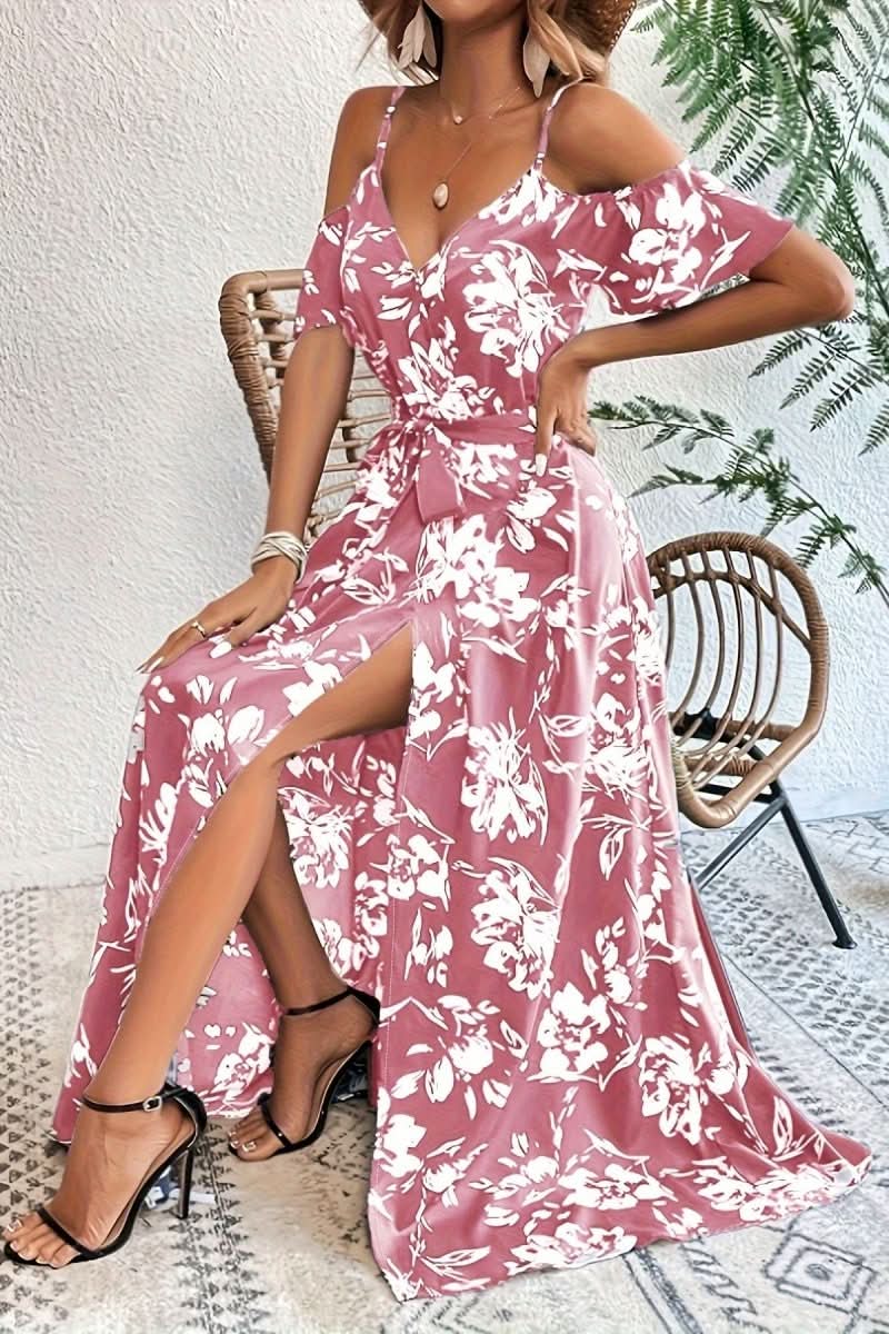 Women's formal cold shoulder maxi dress. Graceful flowing design, ideal for special events & elegant parties.
