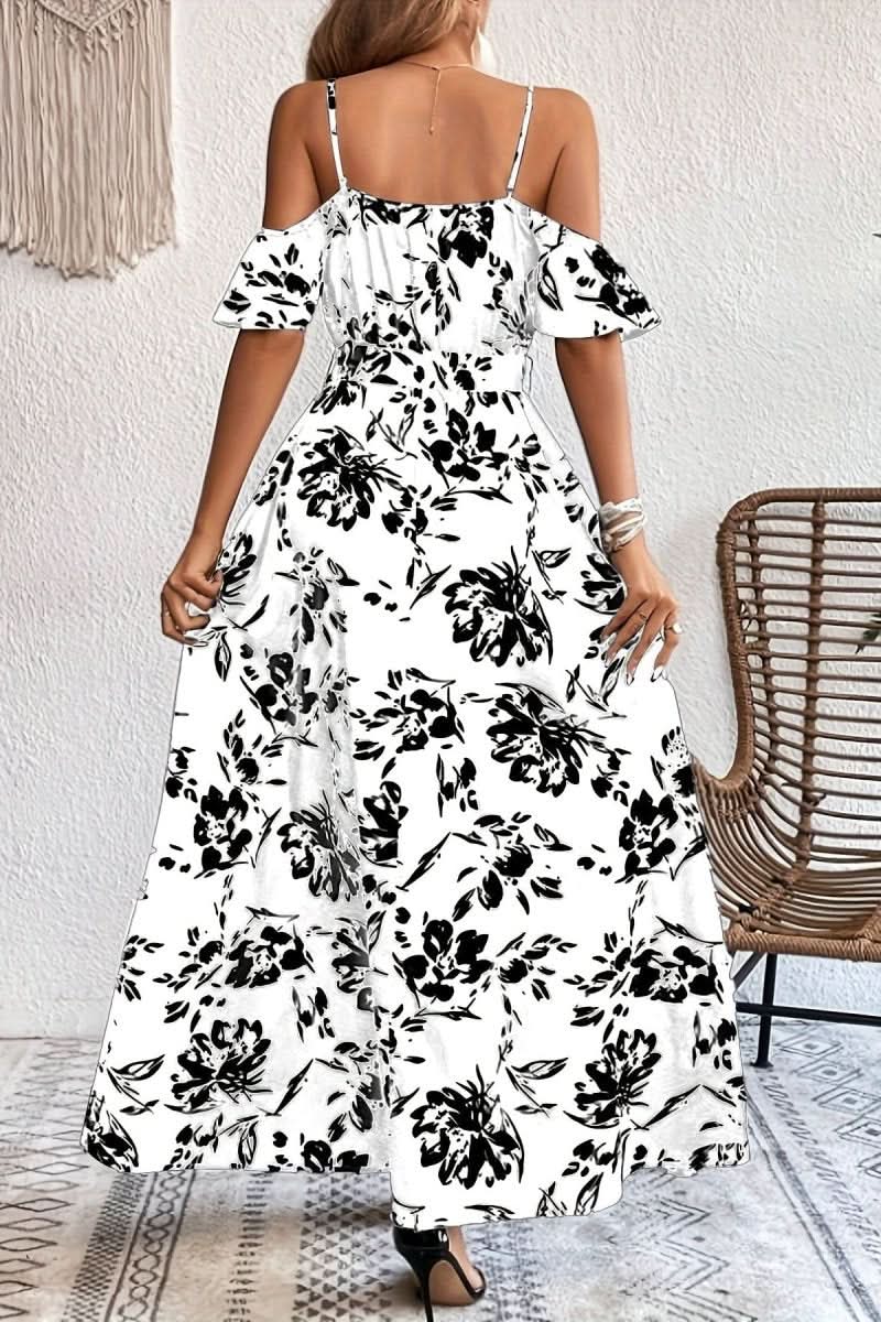 Chic cold shoulder detail on a women's flowing maxi dress. Elegant design, great for evening wear & parties.
