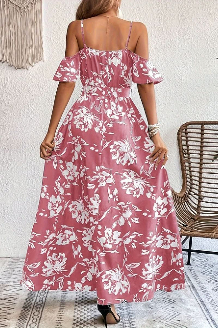 Sophisticated women's cold shoulder maxi dress. Flowing, romantic, and elegant, perfect for any special occasion.