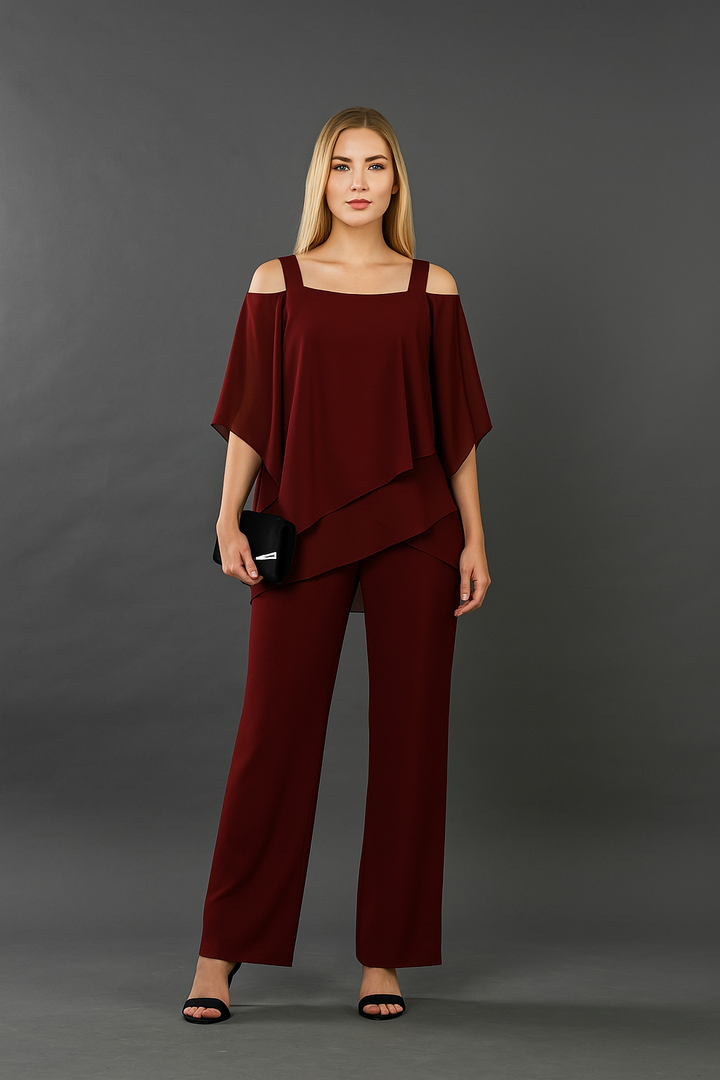 Elegant women's cold-shoulder two-piece pants set. Perfect for party or vacation. Available in black, blue.