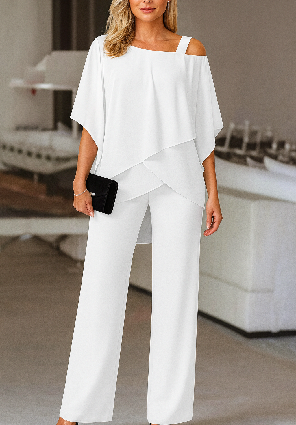 Black elegant cold-shoulder women's two-piece pants set, ideal for chic party and evening events.