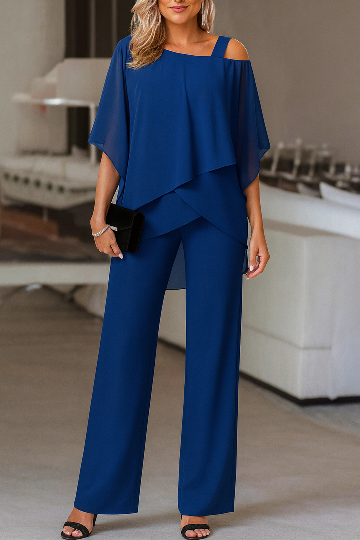 Stylish women's cold-shoulder two-piece pants set, perfect elegant outfit for vacation or party.