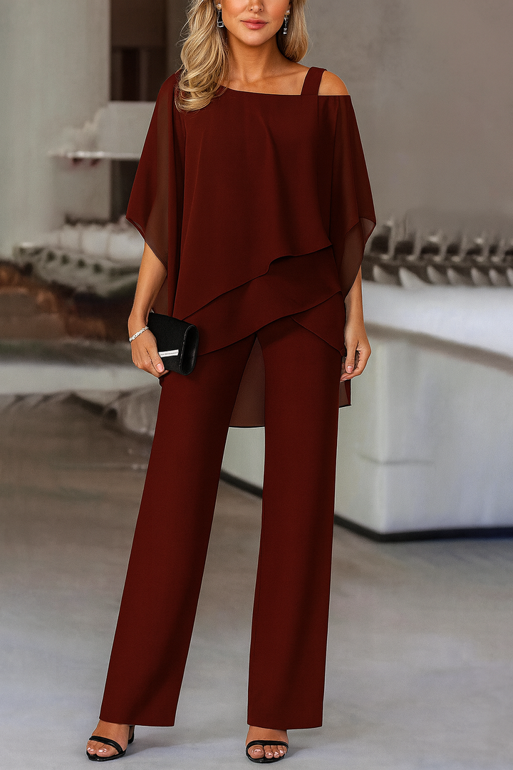 Sophisticated women's cold-shoulder two-piece pants set, an elegant choice for party & vacation outfits.