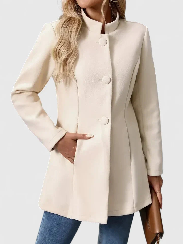 Cream women's collarless jacket, a lightweight and elegant outerwear piece for versatile sophisticated styling.