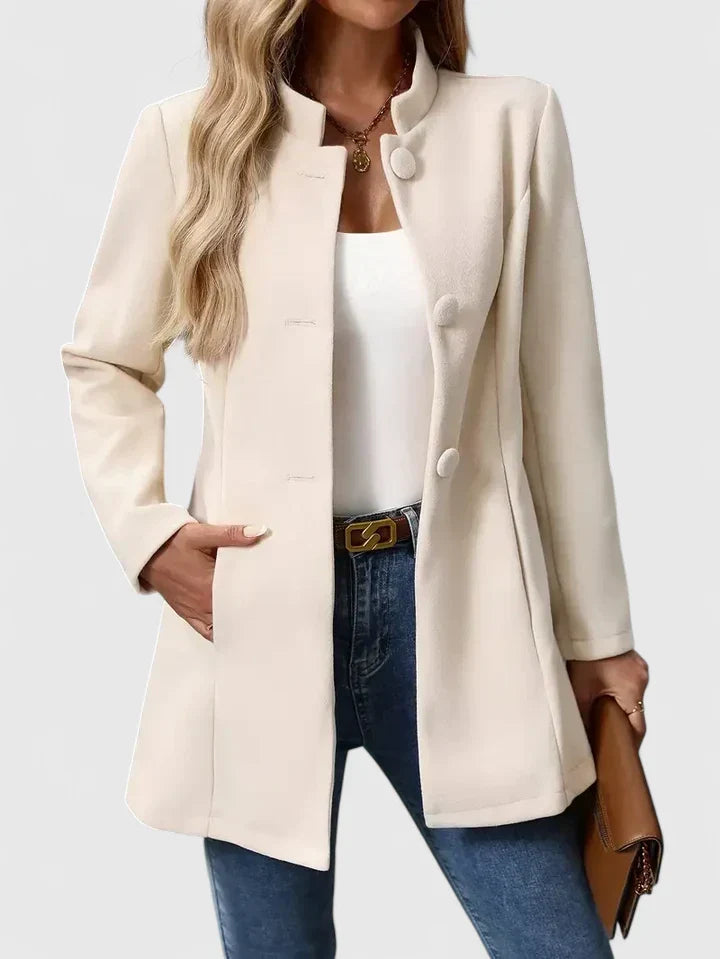 Camel women's collarless jacket, an elegant and versatile mid-thigh length outerwear with button closure.