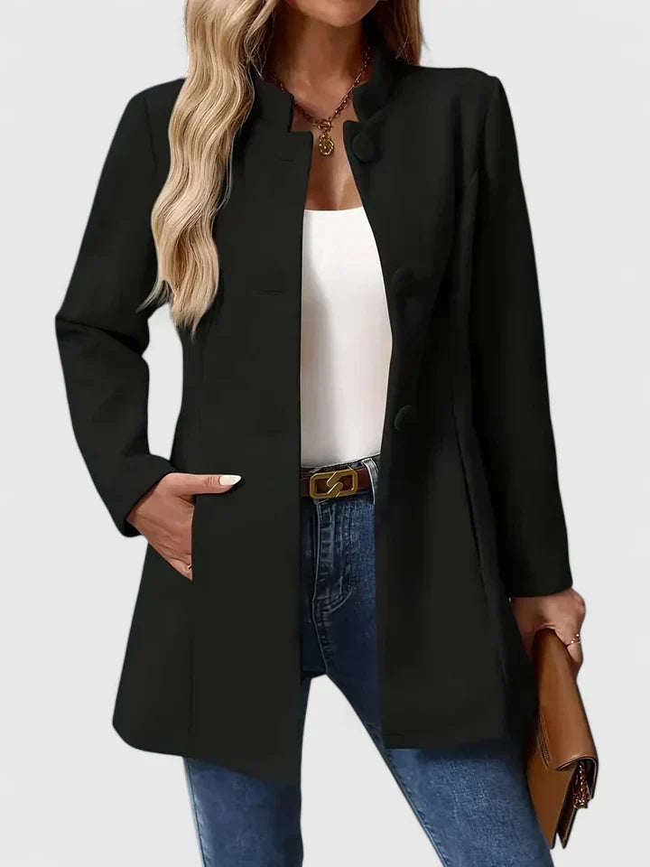 Versatile women's collarless jacket, lightweight and chic, perfect for elevating any casual or smart outfit.