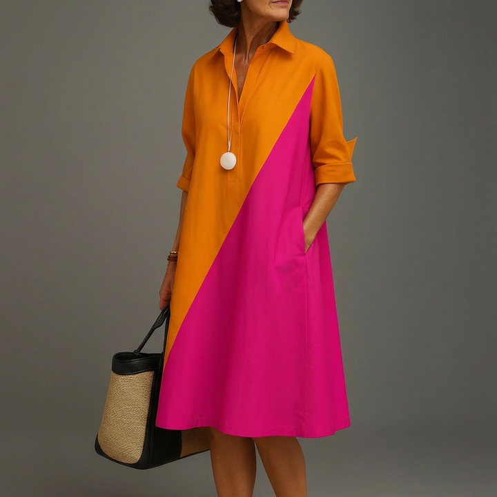 Elegant women's color-block midi shirt dress with button-down front, perfect for spring/summer casual or party wear.