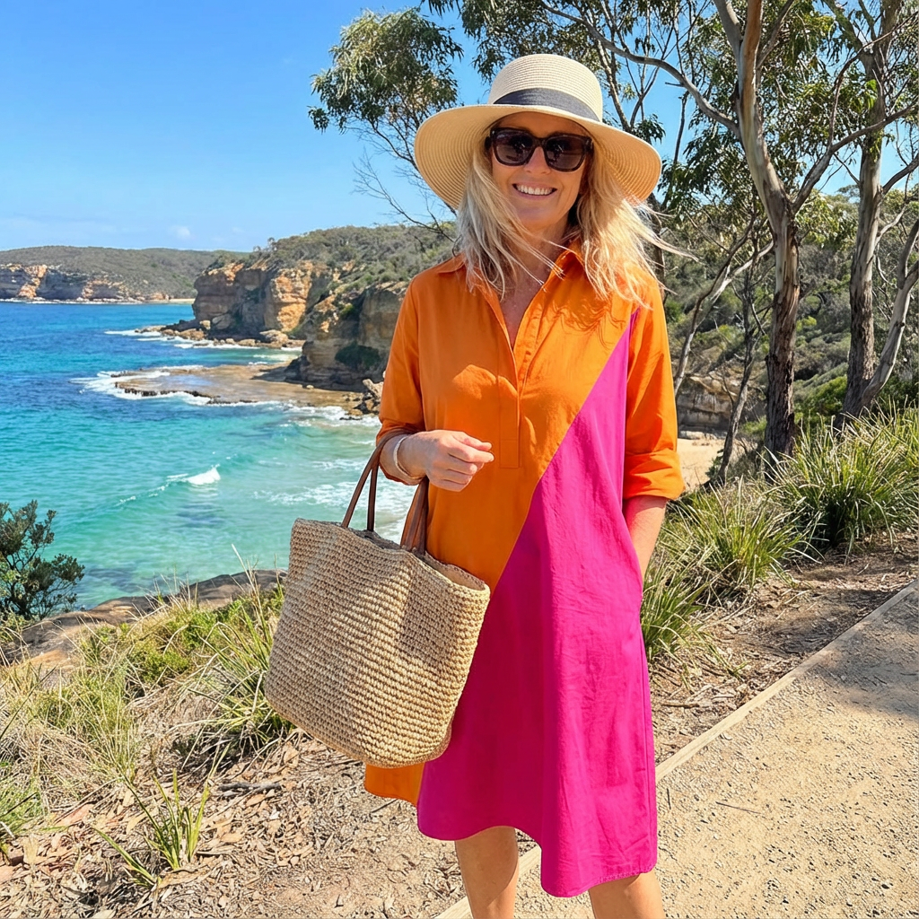 Versatile A-line midi dress for women, featuring a stylish color-block design and comfortable fit for any occasion.