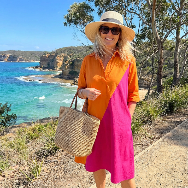 Versatile A-line midi dress for women, featuring a stylish color-block design and comfortable fit for any occasion.