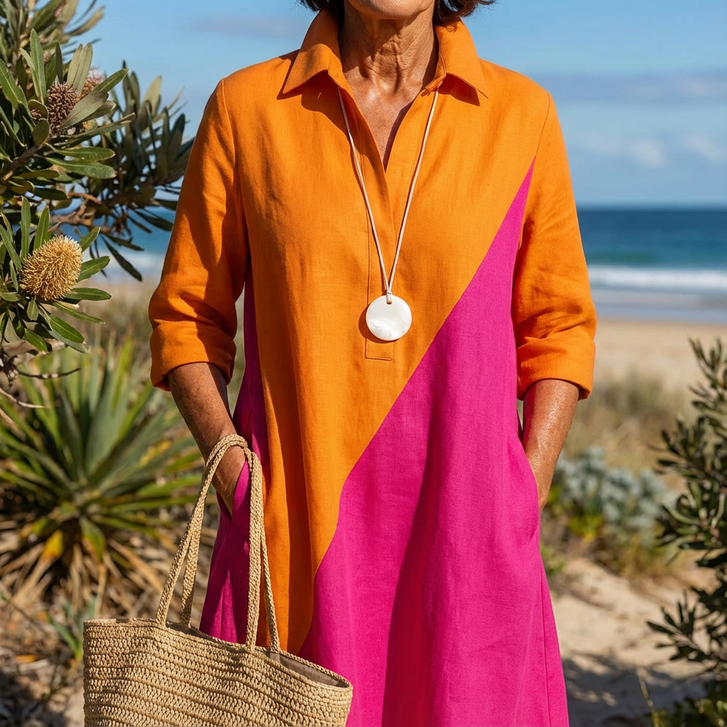 Stylish women's elegant color-block midi dress, a versatile button-down A-line for casual days or summer parties.
