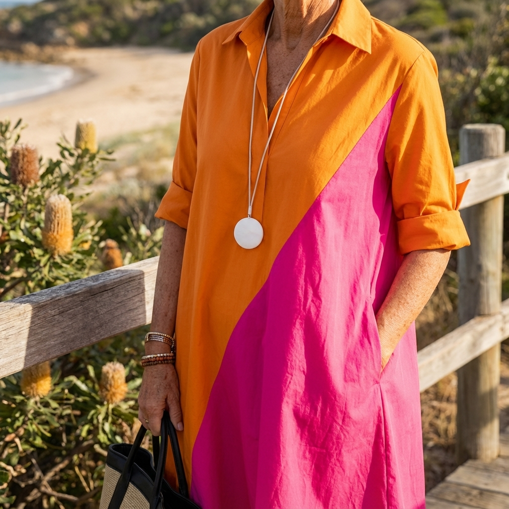 Chic women's color-block midi dress, a button-down shirt style perfect for elegant spring fashion and summer style.