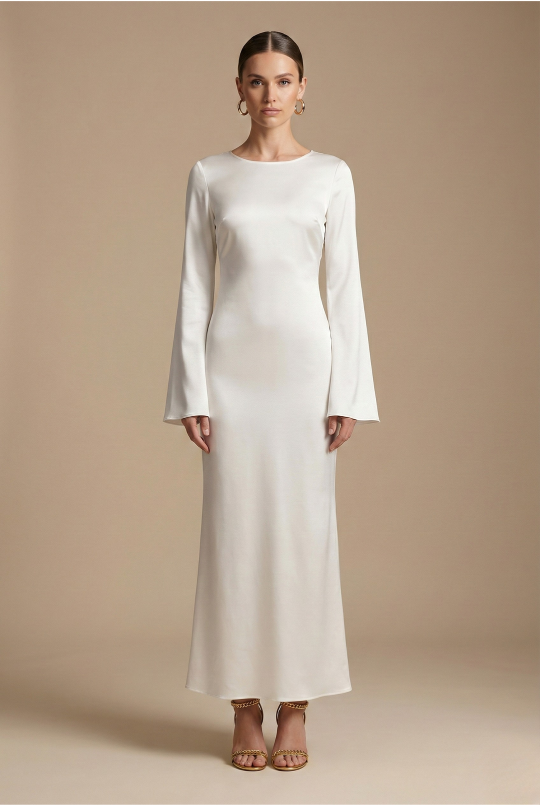 Elegant women's column maxi dress with chic flare sleeves & round neck. Perfect for wedding guests or parties.