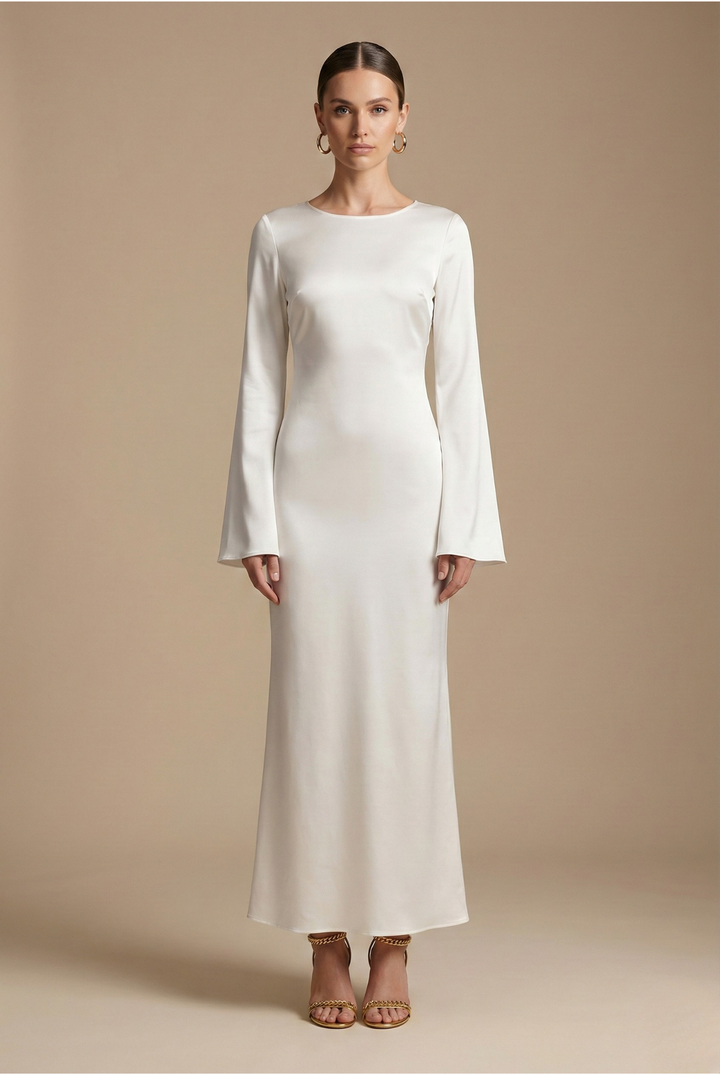 Elegant women's column maxi dress with chic flare sleeves & round neck. Perfect for wedding guests or parties.