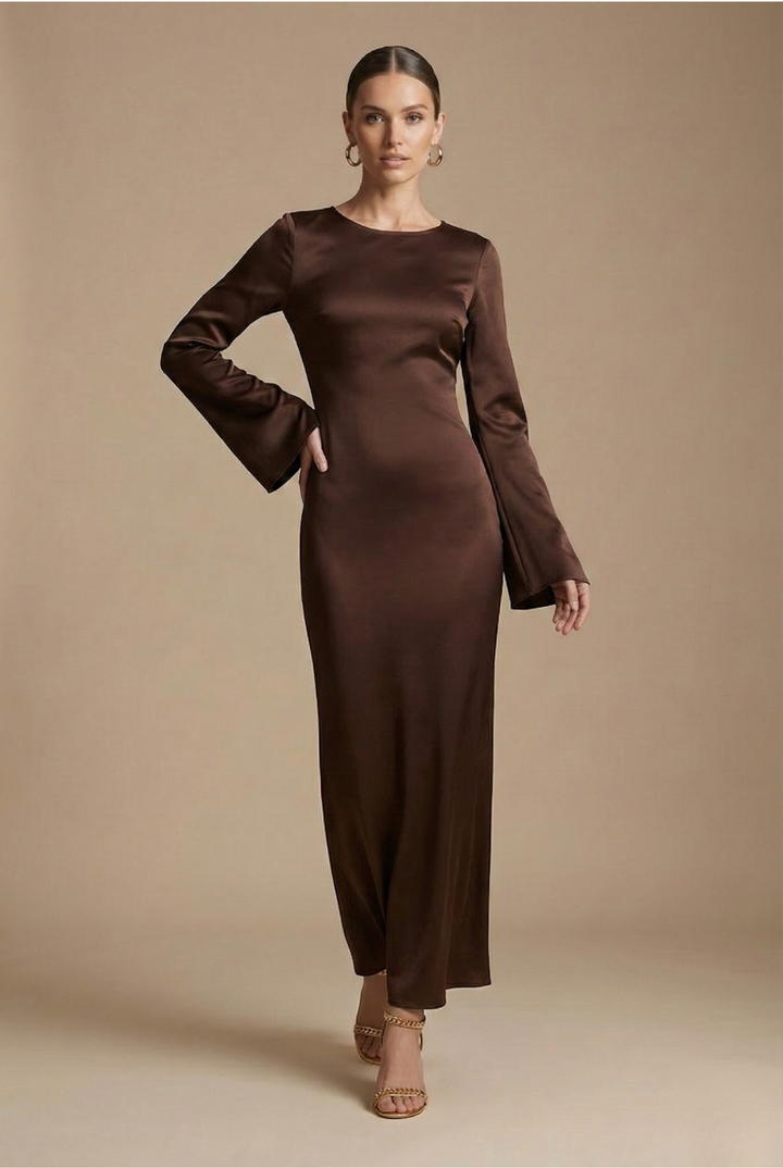 Women's elegant column maxi dress, a formal evening gown with stylish flare sleeves & round neck design.