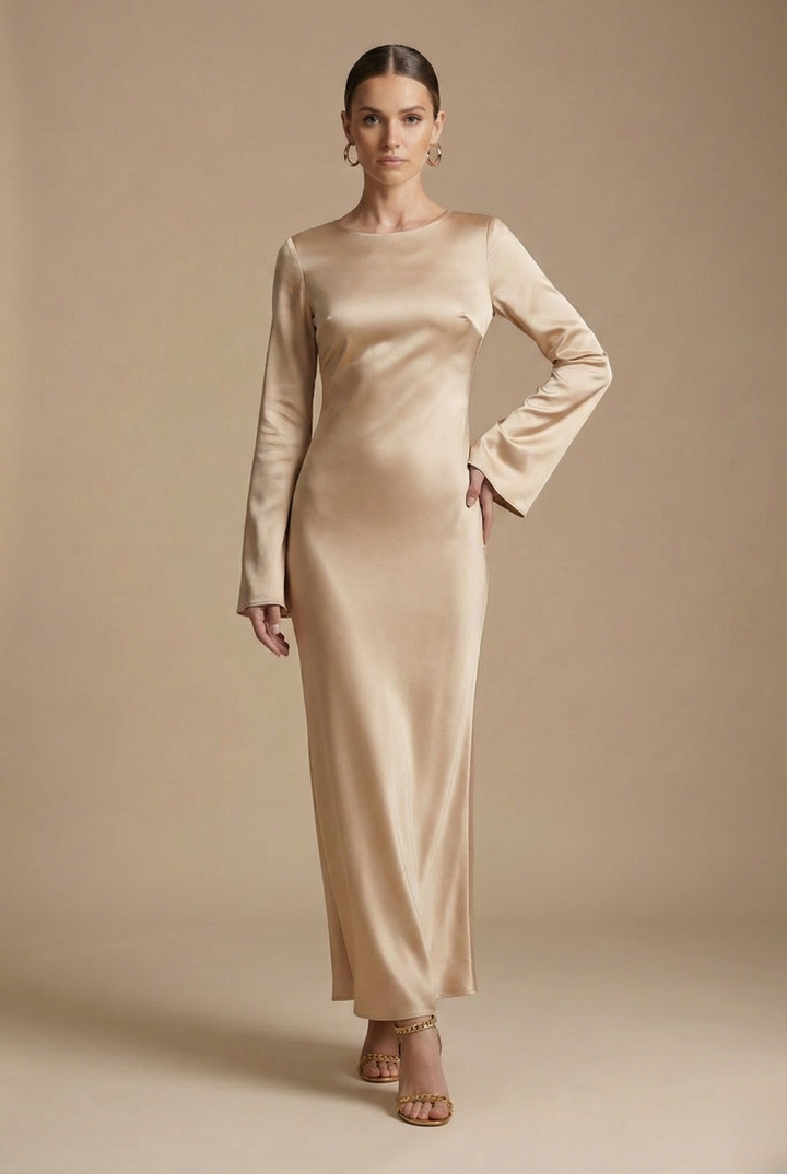 Beautiful women's wedding guest maxi dress. Elegant column style with sophisticated flare sleeves.
