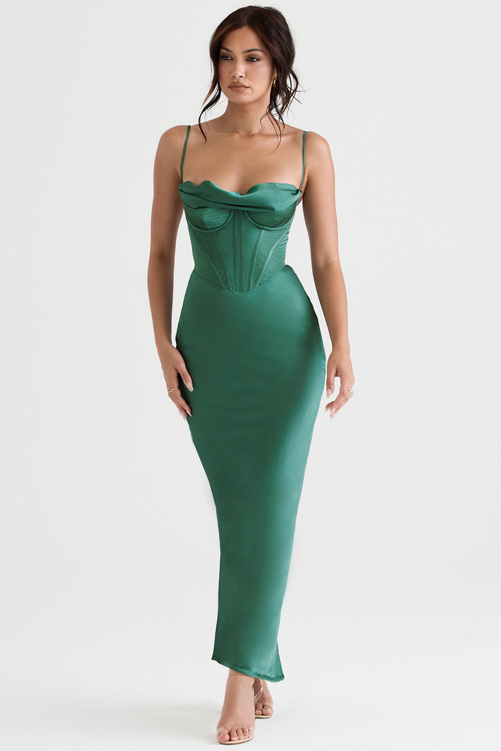 Sophisticated corset maxi dress, ideal formal evening wear.