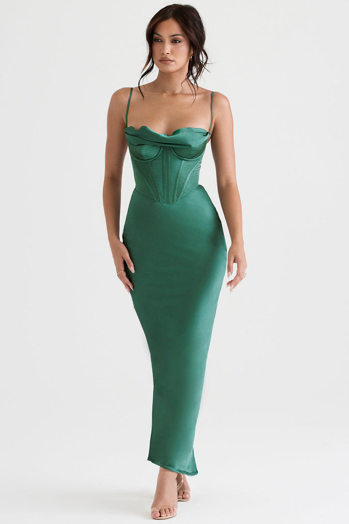 Sophisticated corset maxi dress, ideal formal evening wear.