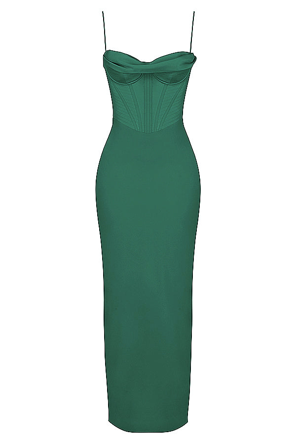 Feminine long dress, elegant corset design for women's parties.