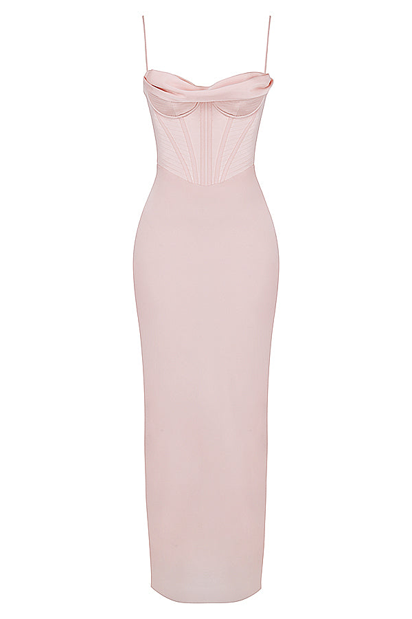 Formal women's maxi dress, elegant sleeveless corset design.