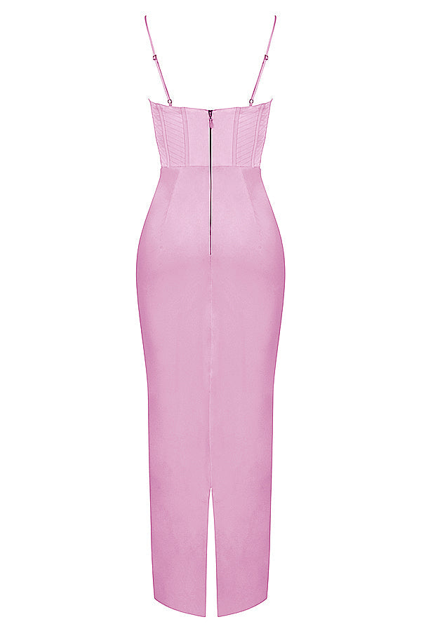 Stylish women's party dress, elegant long corset maxi design.