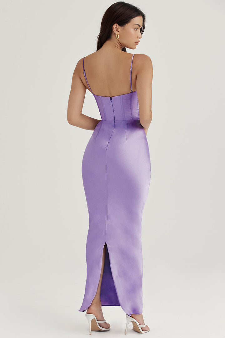 Sophisticated women's long party dress, corset bodice detail.
