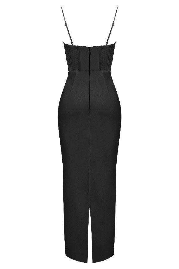 Stylish women's party dress, long & sleeveless with a chic corset top.