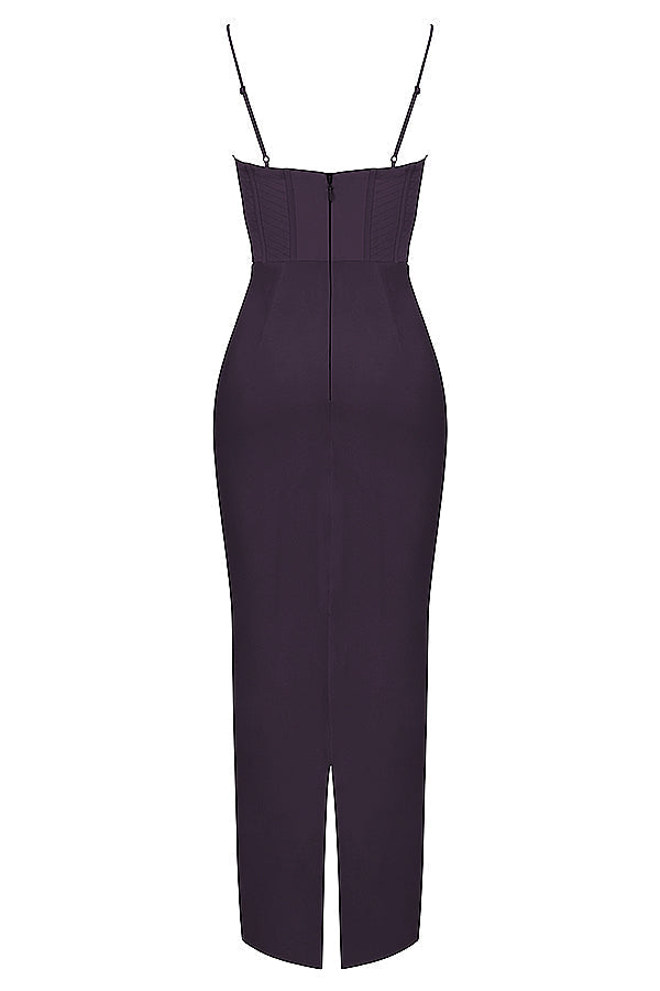 Stylish women's party dress, elegant long corset maxi design.