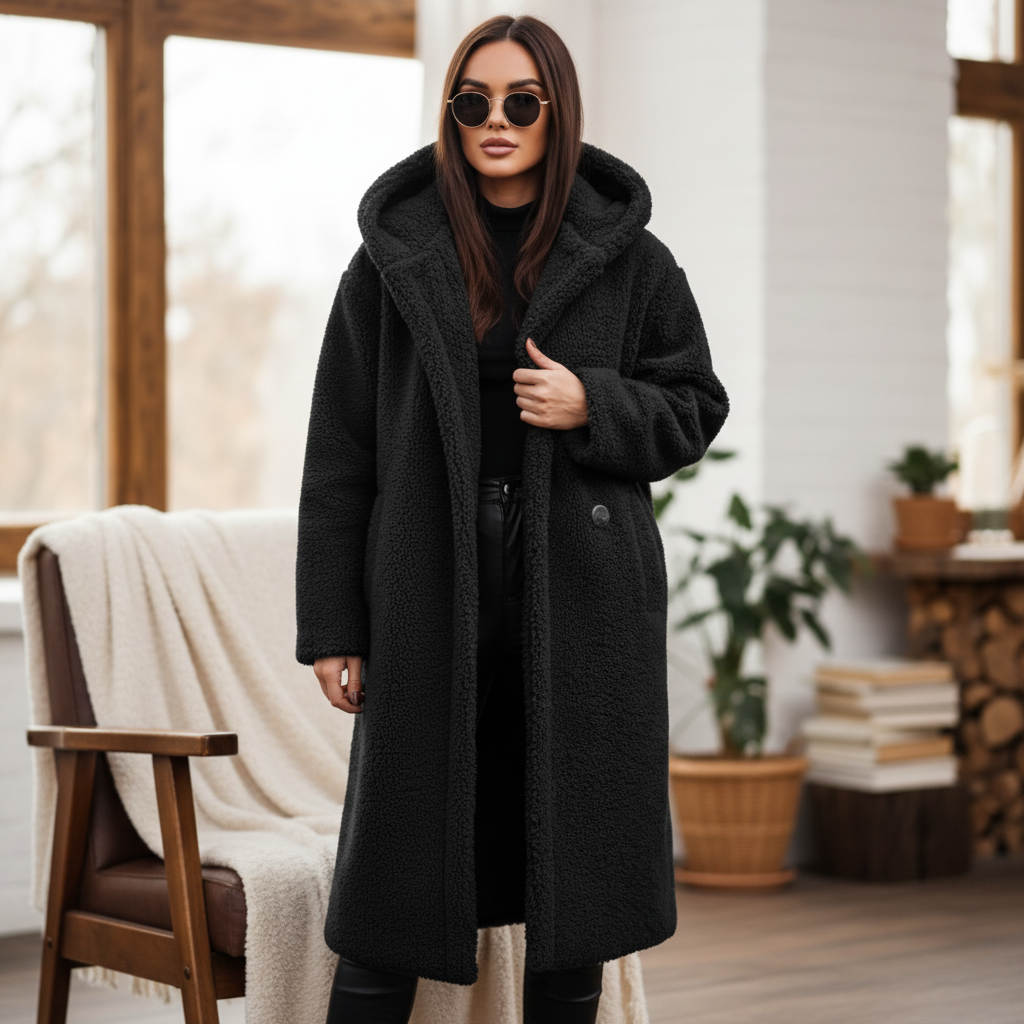 Elegant women's cozy autumn longline hooded coat in a versatile polyester blend, perfect for winter fashion.