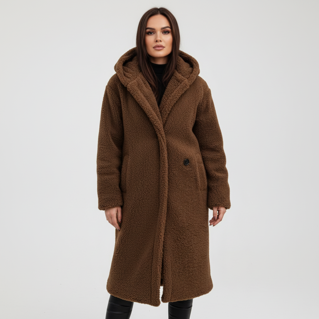Women's autumn longline hooded coat with pockets, offering practical and cozy outerwear for winter fashion.