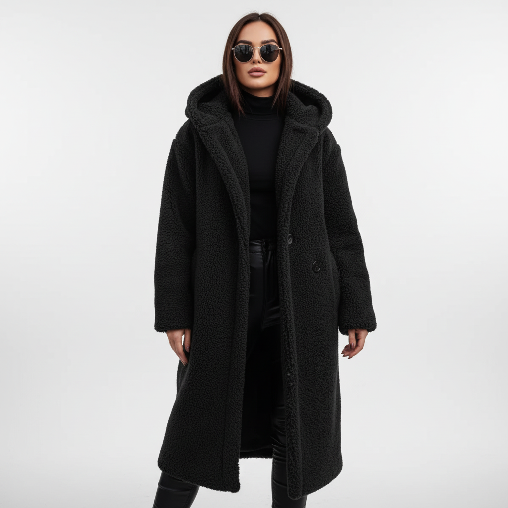 Warm hooded longline coat for women, ideal for autumn wear, featuring a comfortable and elegant design.