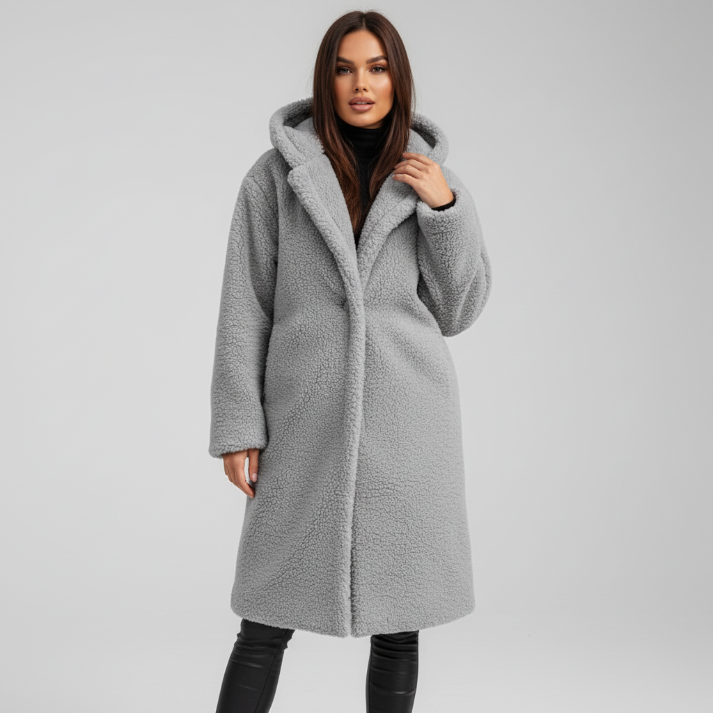 Full-length view of a woman wearing the versatile 'Mathilde' longline hooded coat for autumn and winter.