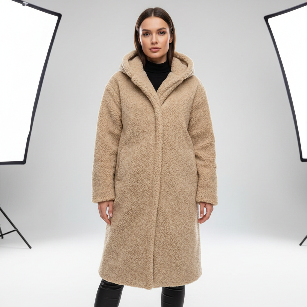 Side profile of the women's cozy autumn longline hooded coat, showcasing its flattering silhouette.