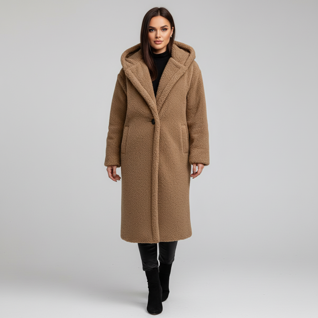 Front view of the women's 'Mathilde' hooded jacket, a stylish and comfortable choice for elegant autumn wear.