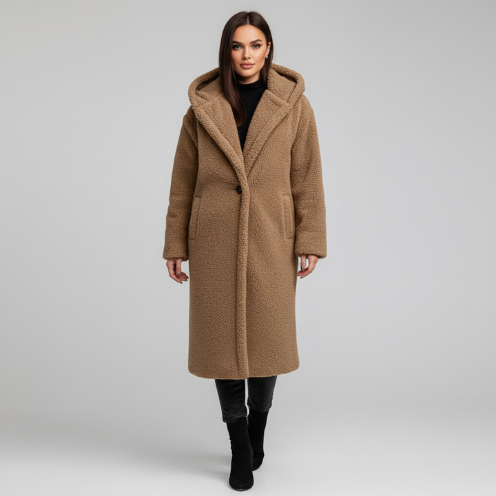 Front view of the women's 'Mathilde' hooded jacket, a stylish and comfortable choice for elegant autumn wear.