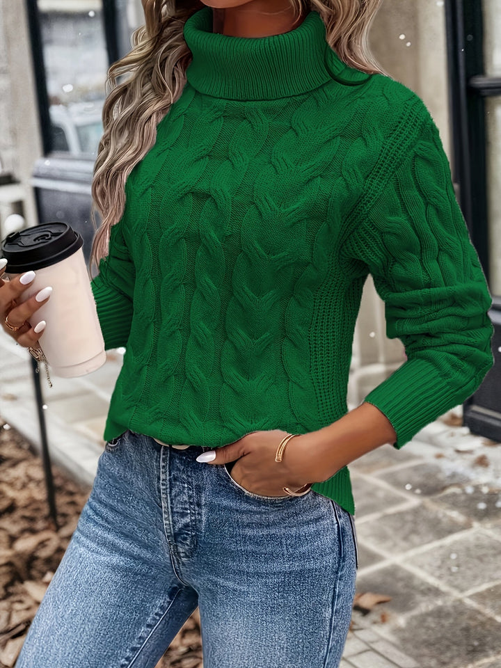 Elegant women's cream cable knit turtleneck sweater, perfect for cozy fall and winter fashion.